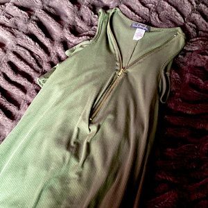 XL military green with gold zipper detail mini, cold shoulder dress